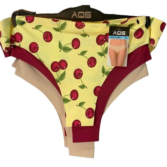 AQS XL Yellow Cherry Print-Red- Tan Seamless Lined Gusset Thong Panties-3 Pk - Picture 2 of 5